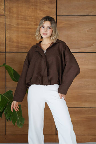 AKD Atelier Women's Coat Short Oversize Suede Zippered Shirt Collar Drop Shoulder Jacket