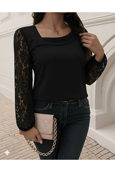 Butik Women's Long Sleeve Asymmetrical Collar Lace Imported Crepe Blouse