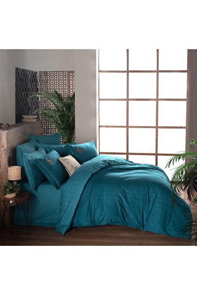 Sarev Ederlezi Turquoise Flannel Double Bed 100% Cotton Duvet Cover Set