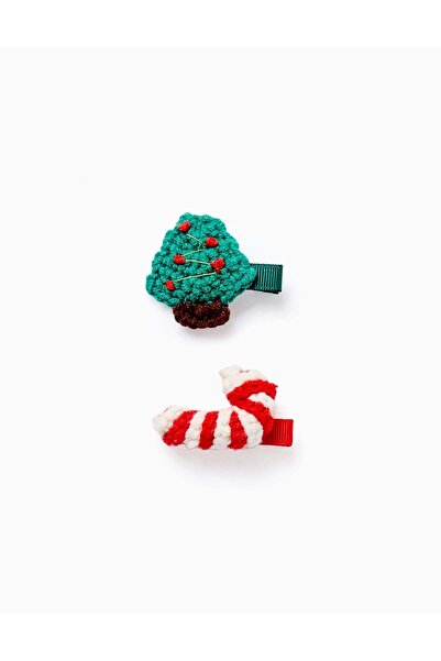 Ziddy Pack of 2 Knitted Hair Clips for Babies and Girls 'Christmas', Green/Red