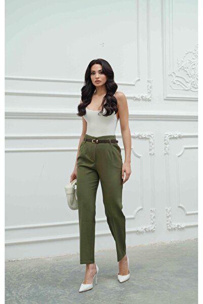 Serica Moda Khaki High Waist Belted Carrot Pants