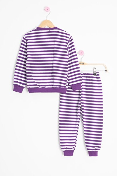 Cansın Mini Purple Daisy Embroidered Striped Girl's Suit 23351