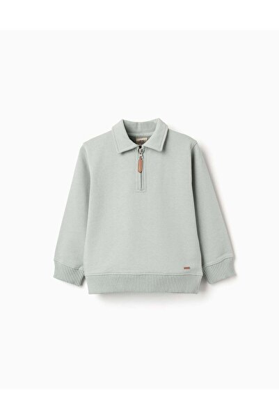 Ziddy Brushed sweatshirt with polo collar for boys, green