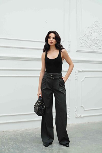 Serica Moda Anthracite Double Belted Pleated Palazzo Pants