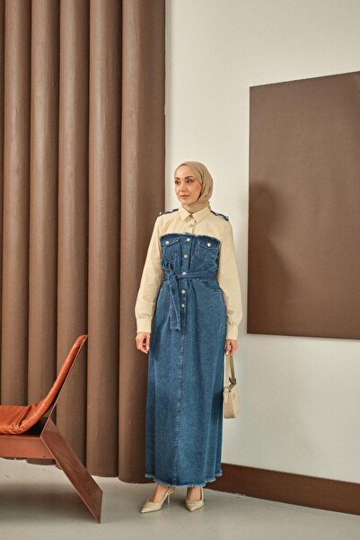 Dadali Denim Dress with Shoulder and Shirt Detail Blue