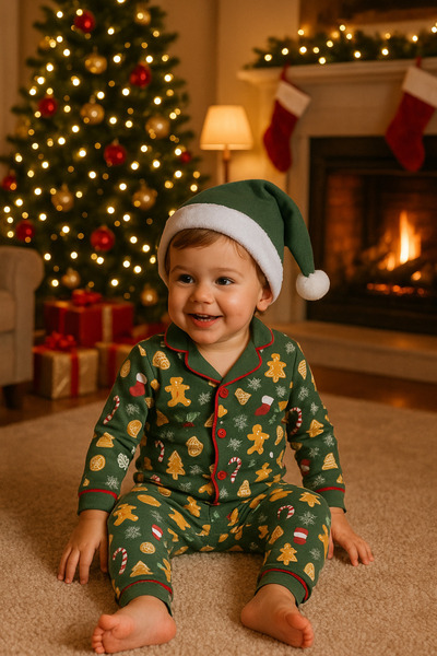 minilovebaby New Year Baby Pajamas Set Cookie Man Printed Green 100% Cotton with Santa Hat