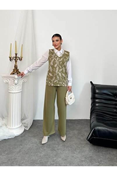 Hatun Atila Pearl Necklace Detailed Sweater and Shirt Three-Piece Set Khaki - 5009
