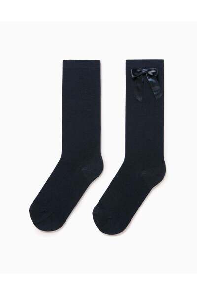 Ziddy جوارب طويلة مع فيونكة ساتان للبنات، أزرق غامق