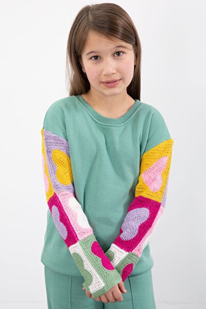 Cansın Mini Green Embroidered Sleeves Lace Fleece-Lined Girls Tracksuit Set 23355