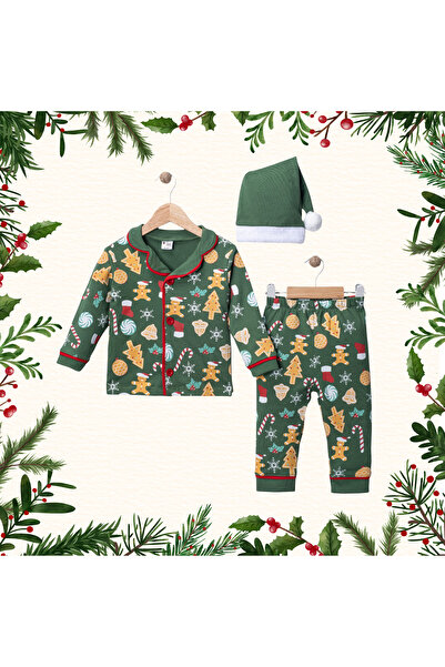 minilovebaby New Year Baby Pajamas Set Cookie Man Printed Green 100% Cotton with Santa Hat