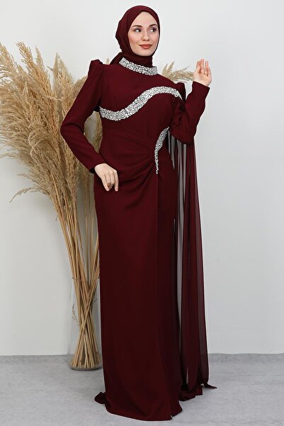 GİYZAMİLA Hanzade Crepe Evening Dress Burgundy