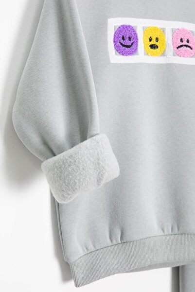 Cansın Mini Gray Smiling Face Embroidered Fleece-Lined Girls' Tracksuit Set 23357