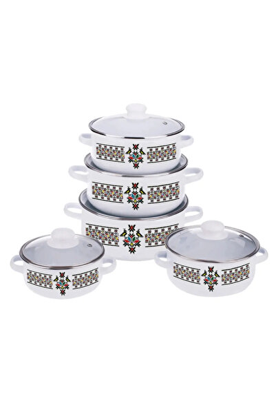 Oti Set of 5 enamel pots with lids Oti, White with deco