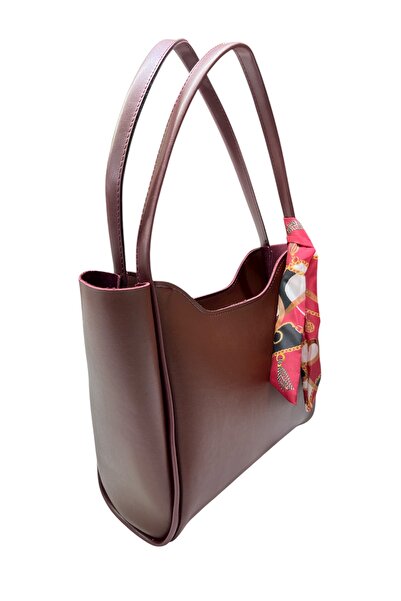 sç Saraçoğlu Çanta Zippered Single Compartment Faux Leather Handbag and Shoulder Bag with Scarf