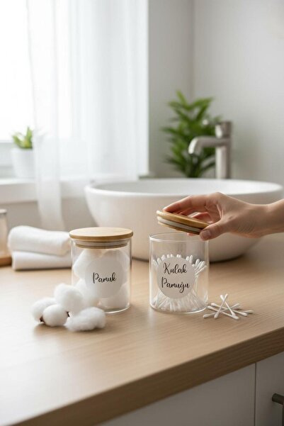 ANJEAHOME Dessie 2-Piece Glass Bathroom Set | Bamboo Axe | 200 ml Cotton & Cotton Swab Jar | Organizer Set