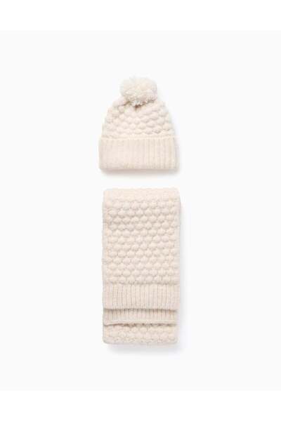 Ziddy Textured Beanie + Scarf for Babies and Girls, Beige