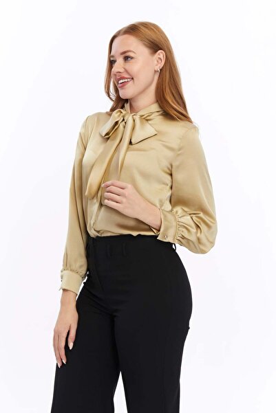 Milamia Kadın Fiyonklu Saten Düz Klasik Gömlek