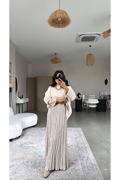 Buket Teke Beige Double Layer Wrinkled Fabric Maxi Skirt