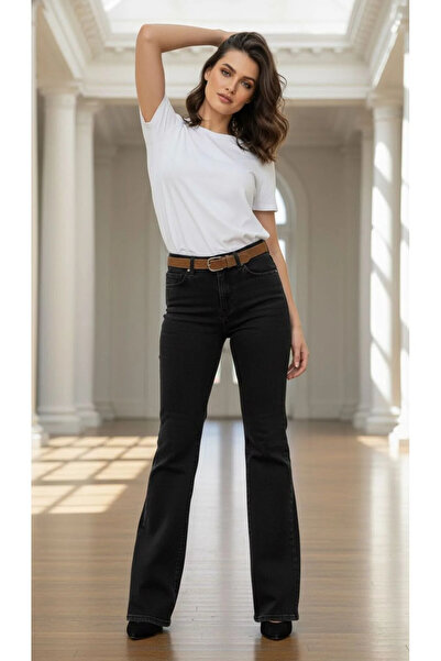 kleshus بنطلون جينز نسائي من نوع فلير من سي إن آر، أسود اللون، مصنوع من قماش ...