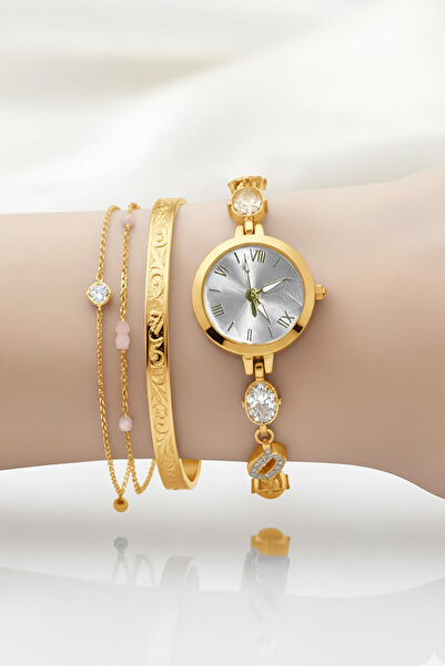 Nicevia Taşlı Görünümlü Kadın Kol Saati Zirkon Taşlı Bileklik Kombin Gold Beyaz Renk