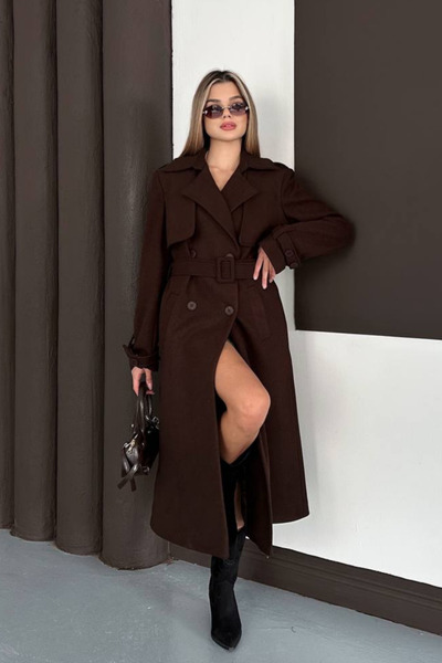 AKD Atelier Women's Coat Long Cashmere Belted Buttoned Pocketed Double Breasted Premium Coat
