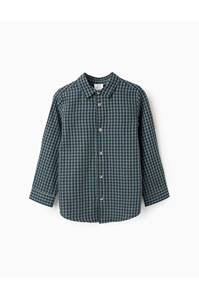 Ziddy Cotton Shirt with Vichy Pattern for Boys, Green/Blue