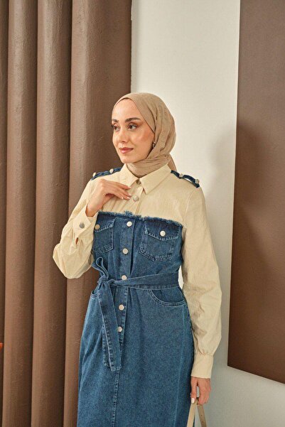Dadali Denim Dress with Shoulder and Shirt Detail Blue