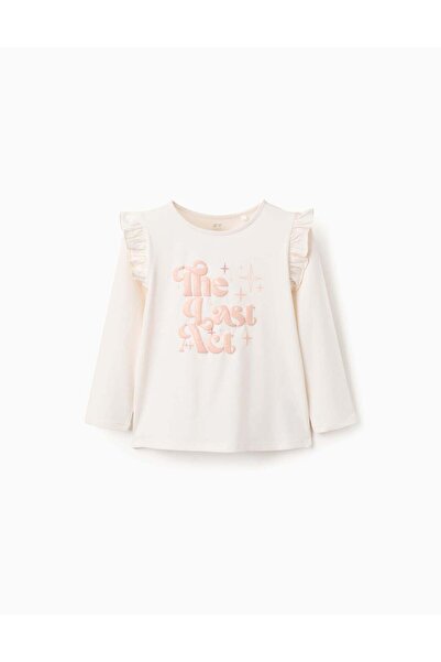 Ziddy Long sleeve T-shirt with embossed print and ruffles for girls, beige