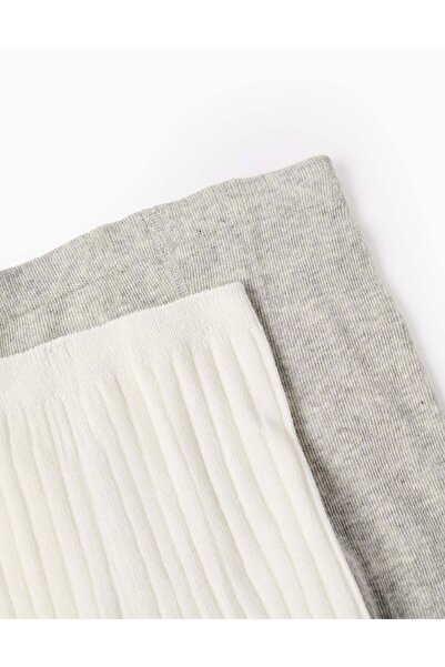 Ziddy Pack of 2 Plain/Ribbed Tights for Baby Girls, White/Grey