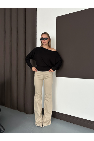 LE CARAMBOLE Women's Black One Shoulder Batwing Sleeve Modal Fabric Blouse