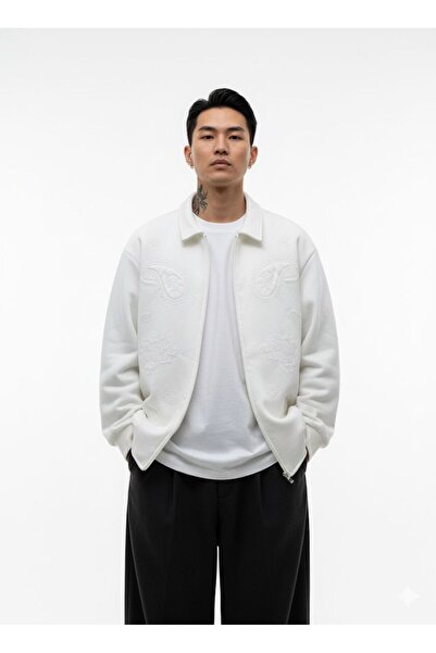 Serseri Erkek Kışlık Baskılı Kolej Ekru Fermuarlı Sweatshirt