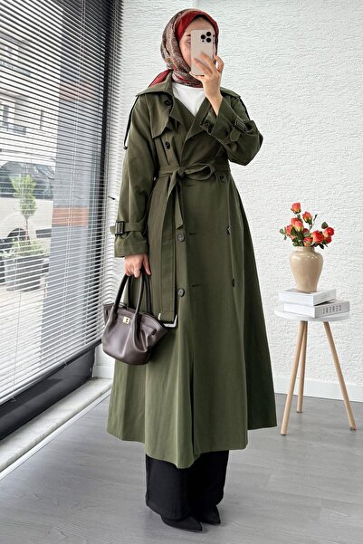 MELEK ARAZ Premium Sekiz Düğmeli Oversize Kadın Trençkot - Haki