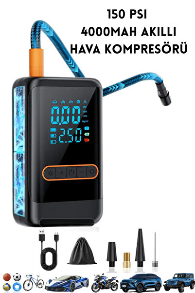 MO DOU LCD Ekranlı 150 PSI Şarjlı Hava Kompresörü – LED Işıklı, 4000mAh, Araç...