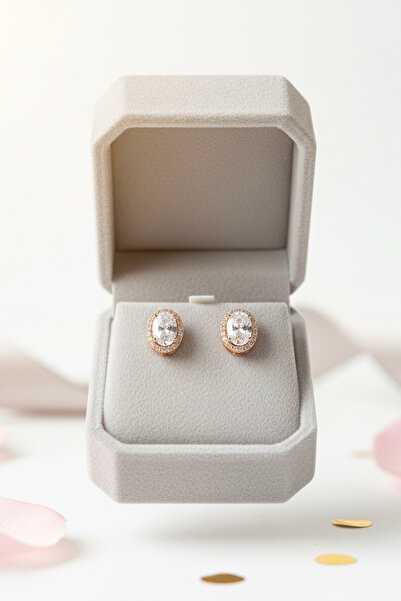 Utku Kuyumculuk 925 AYAR ROSE RENGİ OVAL TAŞLI KÜPE