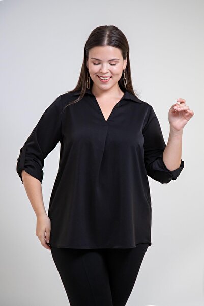 Roxxlen 1212094 Γυναικεία μπλούζα με γιακά μεγάλου μεγέθους V μαύρο