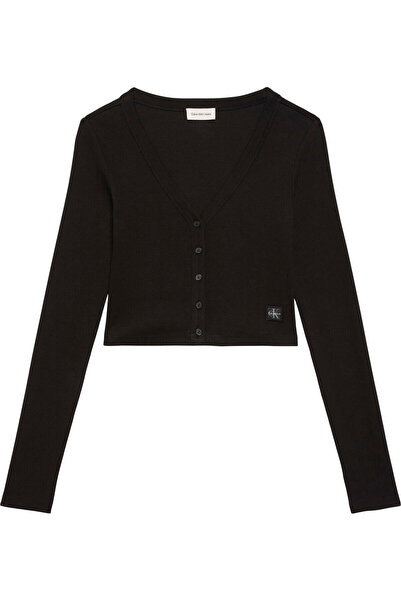 Calvin Klein LS WOVEN LABEL 2X2 COTTON RIB CA Siyah Kadın T-Shirt
