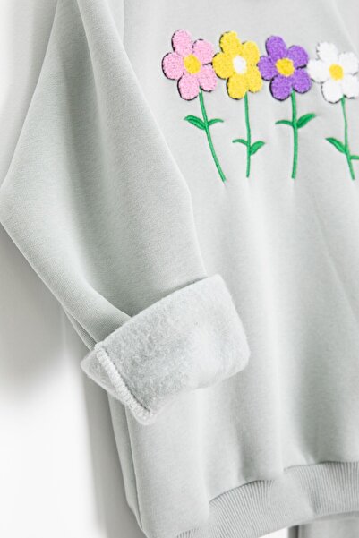 Cansın Mini Gray Floral Embroidered Fleece-Lined Girls' Tracksuit Set 23364