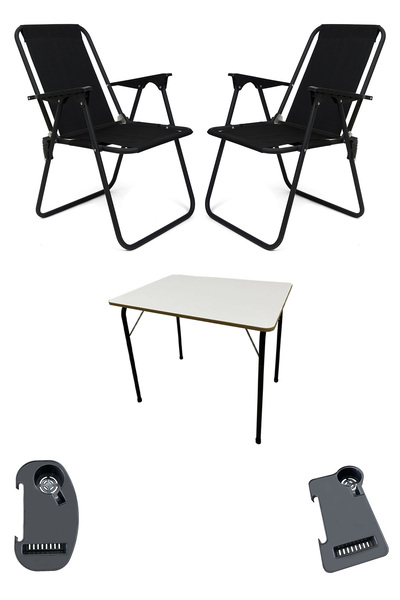 moniev Litea 2 Adet Kamp Sandalyesi Katlanır Piknik Sandalye ve Bardaklık Siy...