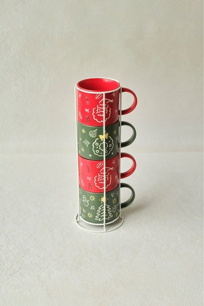 Karaca New Year Angel 4-Person Mug Set with Stand 540 ml