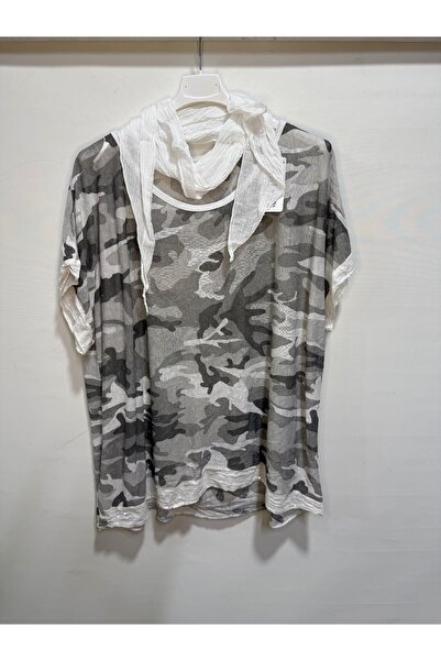 della moor White Italian Camouflage Pattern O Oversized Short Sleeve Blouse with Scarf