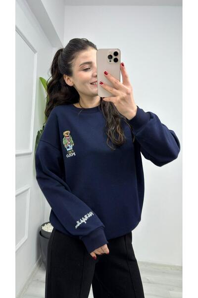 TUNAM BUTİK 2037 سويت شيرت بتفاصيل مطرزة باللون الأزرق الداكن