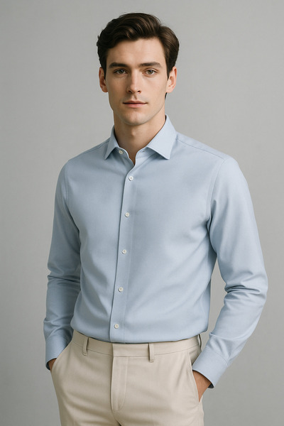 alenmeza Чоловіча синя водовідштовхувальна та плямовідштовхувальна бавовняна сатинова сорочка Slim Fit Casual, яка не потребує прасування