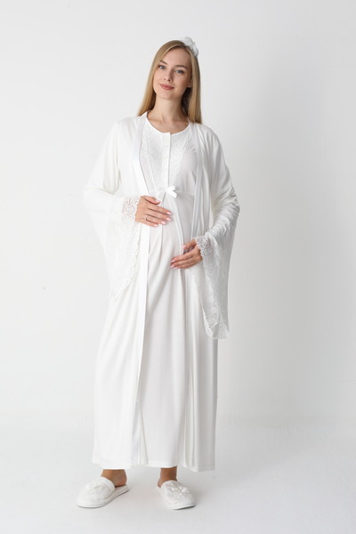 ERDENİZ TEKSTİL Long Sleeve Maternity Nightgown with Dressing Gown 2-Piece Set
