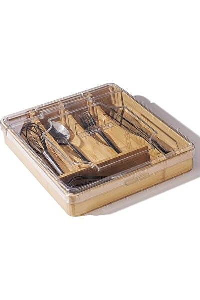 Generic Bamboo Silverware Drawer Organizer with Lid - 5 Compartments