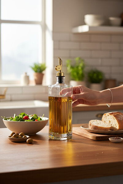 zezedesing Gold Kapaklı Tekli Cam Ayçiçek Yağı & Zeytinyağı & Sosluk & Sirkelik 500ml(Akıtma Yapmaz) 21x7x7CM