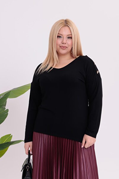 Siyezen Plus Size Blouse with Gold Button Detail on the Shoulders