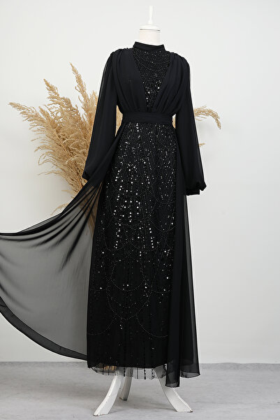 Lamia Giyim Yakamoz Taşlı Abiye Siyah