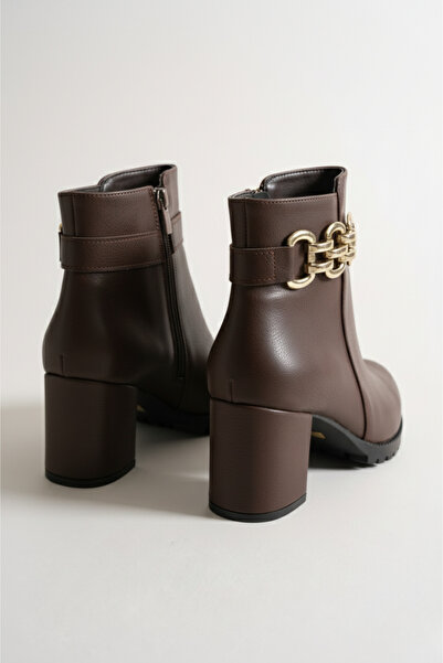 Brielfy Ardelle 9 cm Heeled Gold Chain Buckle Round Toe Faux Leather Winter Women's Boots