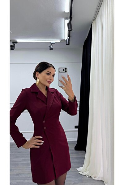 Daves Burgundy Button Detailed Short Length Woven Jacket Dress