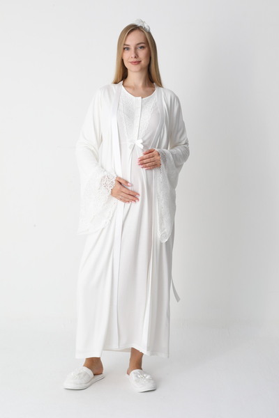 ERDENİZ TEKSTİL Long Sleeve Maternity Nightgown with Dressing Gown 2-Piece Set